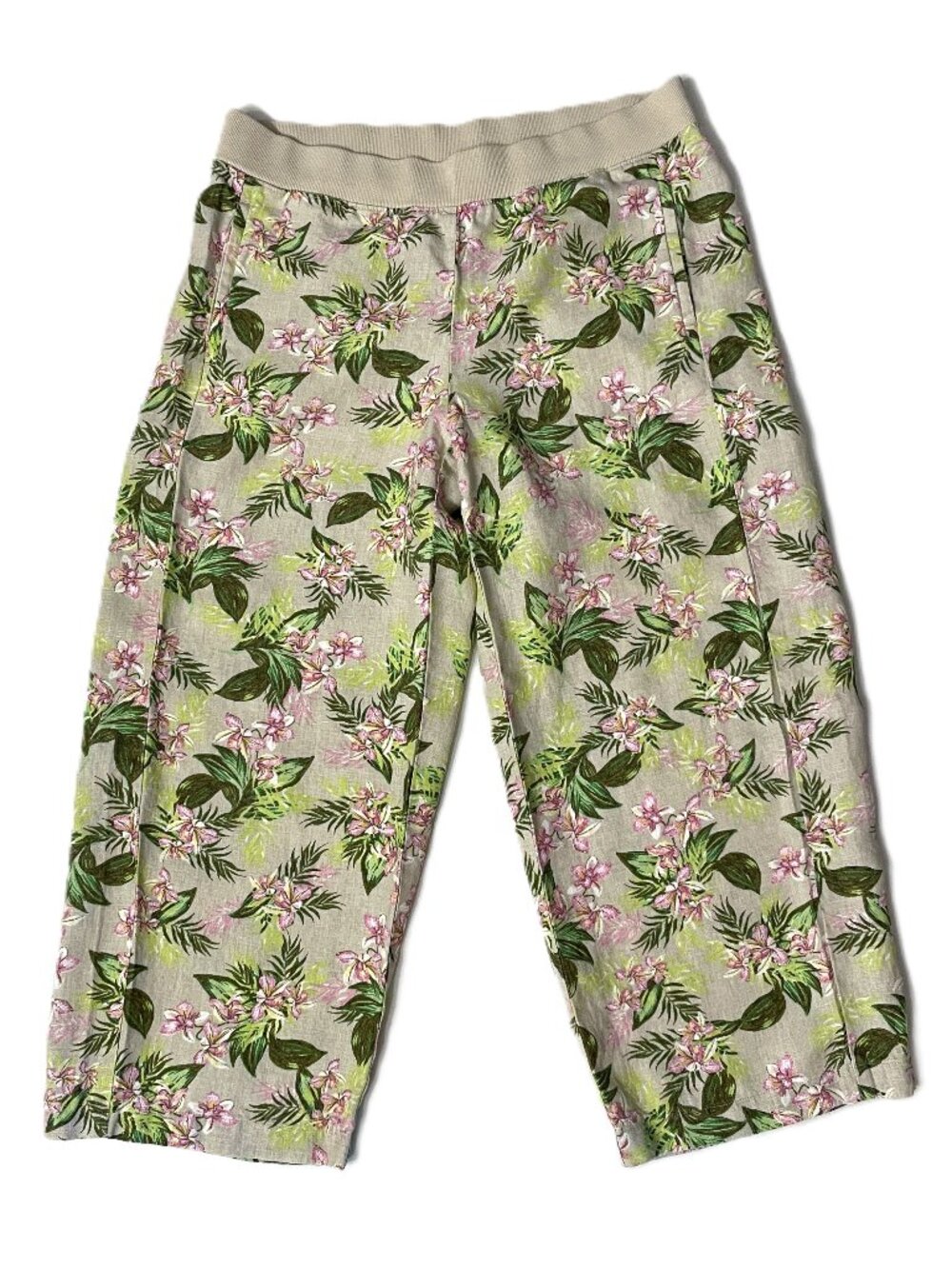 J. Jill Love Linen Cropped Capri Pants Medium Pull On Floral Tropical Pockets